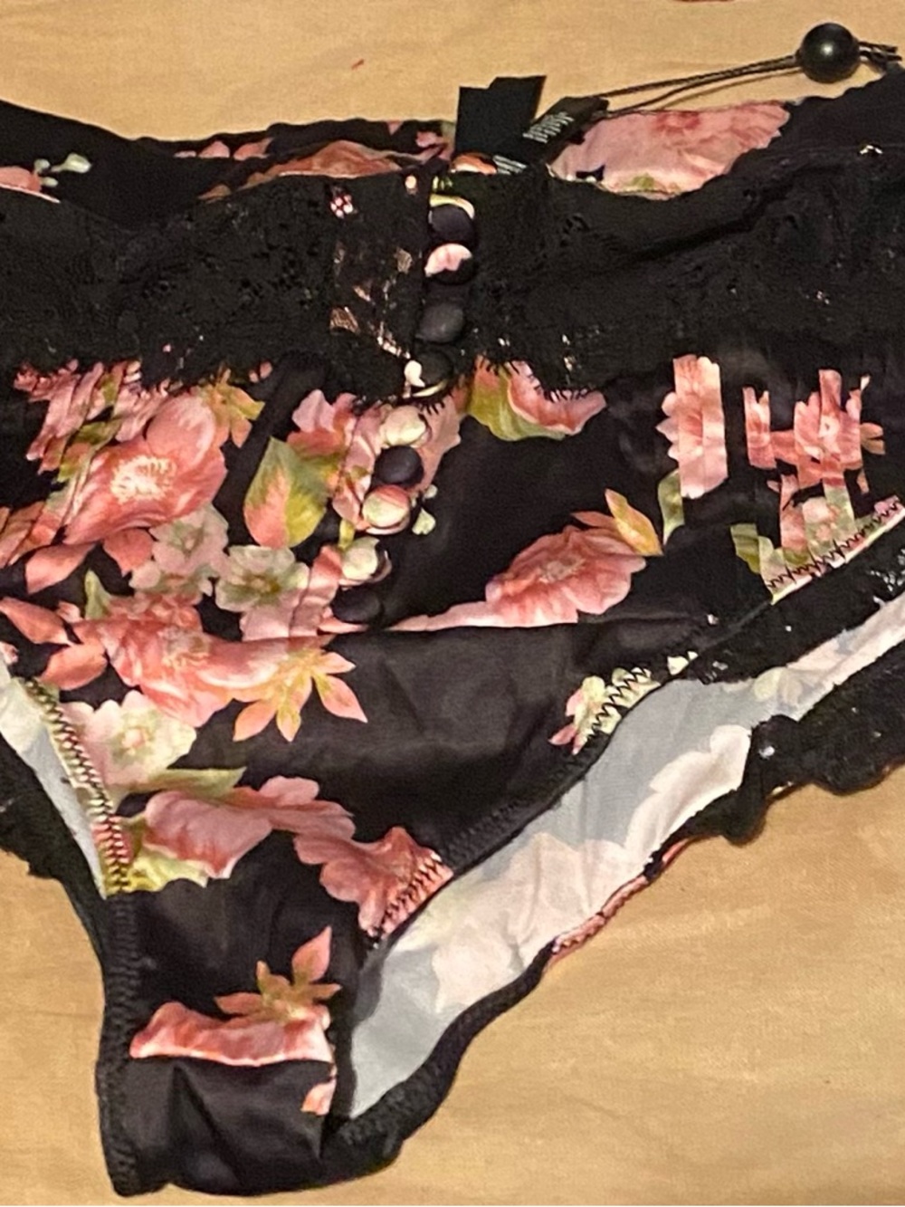 For Love And Lemons Black Floral Lace Bikini Panty - Pink & Green Flowers